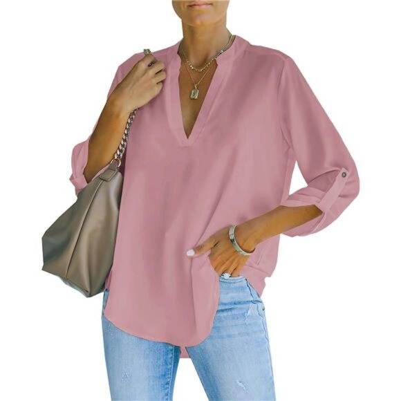 Womens Casual V Neck Shirts Cuffed Sleeves Chiffon Blouses Loose Solid Work Tops - Picture 1 of 5